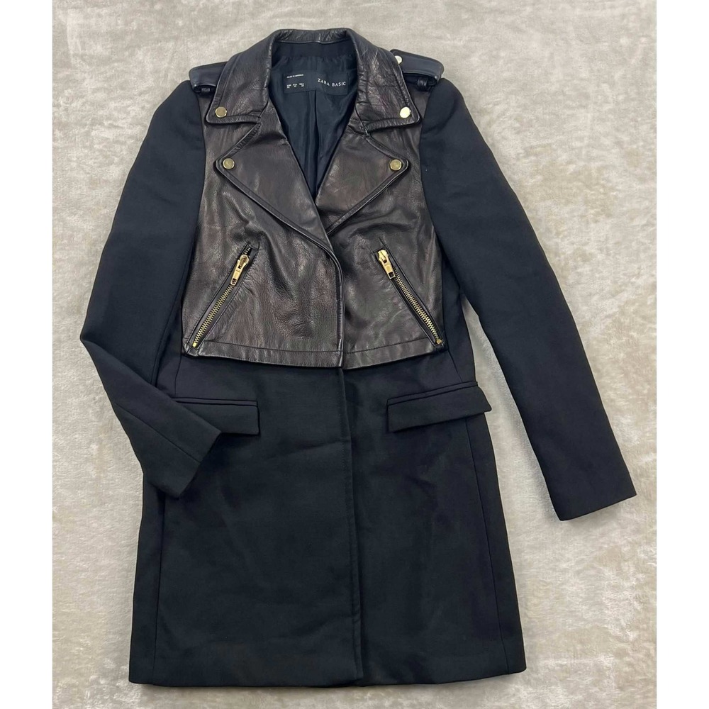 Zara Basic Black Mixed Media Coat with Leather Moto Panel Gold Hardware